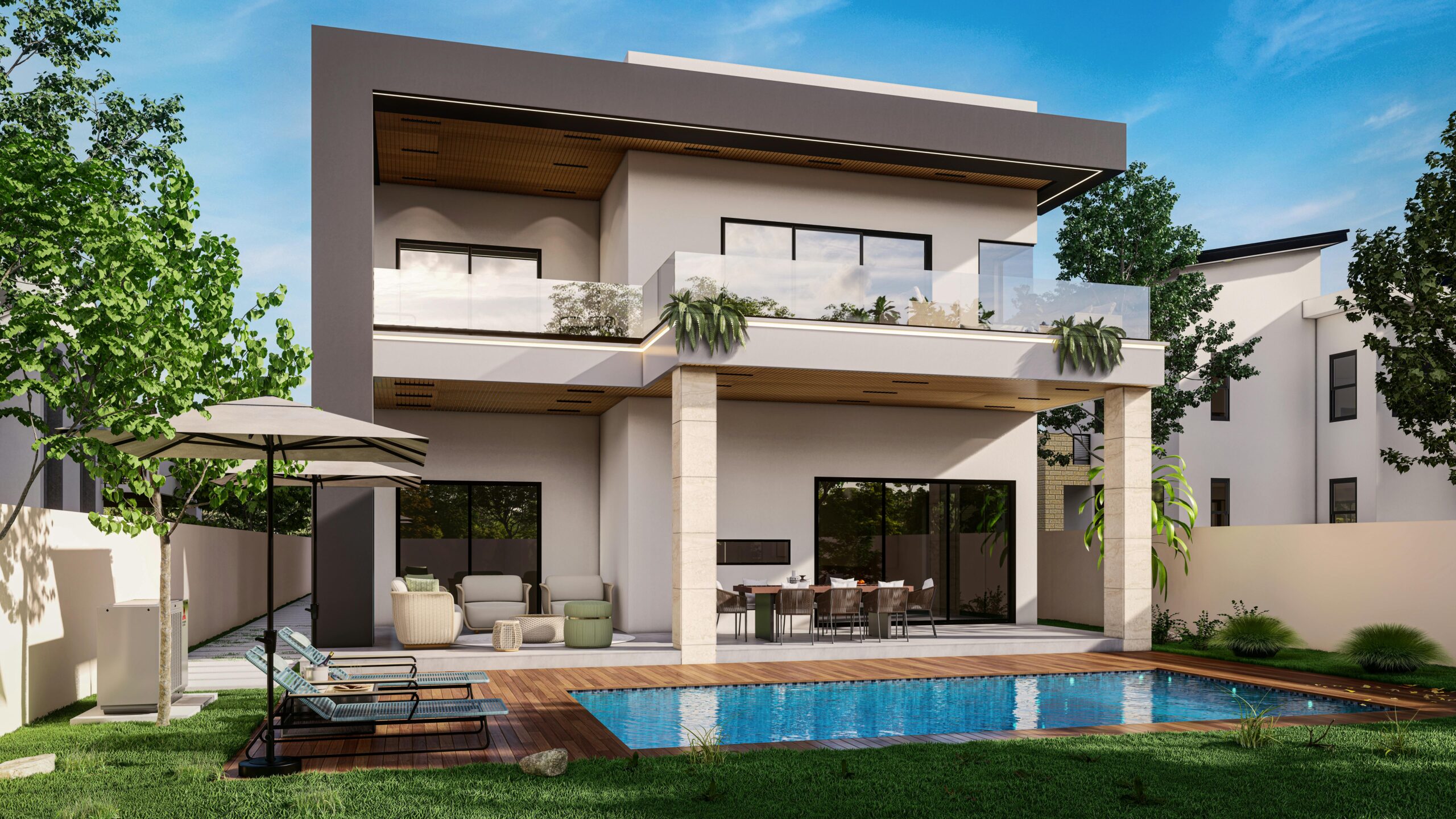 Contemporary house with a swimming pool, patio, and garden setting.